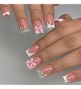 French Pink Bow Press on Nails Short Square Fake Nails French with Diamonds False Nails Full Cove...