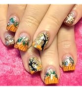 24Pcs Fall Press on Nails Short Square Fake Nails Halloween False Nails with Pumpkin Withered Tre...