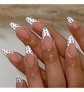 MISUD Press on Nails - Medium Almond Fake Nails with Polka Dot, Acrylic White French Tip Design 2...