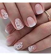 French Press in Nails Short Square White Nude Gradient False Nails Delicately Adorned with White ...