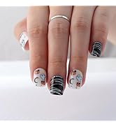 Mivota Halloween Nails Short Square, White & Orange Fake Nails with Pumpkin & Spider Web & Bat De...