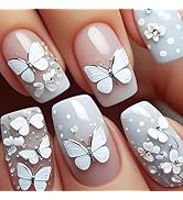 24Pcs Gradient White Press on Nails Short Square Fake Nails with White 3D Butterfly Designs Pink ...