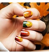 24Pcs Maple Leaf Press on Nails Fall Leaves Press ons Fingernails Thanksgiving Stick on Nail Glos...