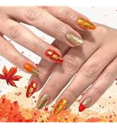 Maple Leaf Press on Nails 24Pcs Thanksgiving Press ons Fingernails Fall Leaves Stick on Nail Glos...