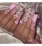 24 Pcs French Tip Press on Nails Long Square Fake Nails with Stripe Pattern Design False Nails Fl...