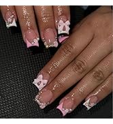 24Pcs French Tip Press on Nails Short Square Fake Nails with Charms Bow Flower Design Pink French...