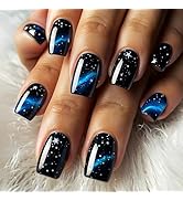 HZJXRT Stars Sky 24Pcs Milky Way Galaxy Short Square Acrylic False Nails Glossy Blue Curve Line G...