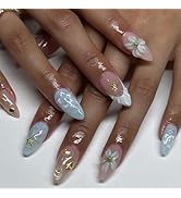 Almond Press on Nails Medium Fake Nails 3D Flower French Tip False Nails Stick on Nails Water Rip...