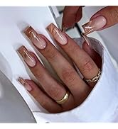 MISUD Press on Nails - Long Square Glue on Nails with Fall Brown, Acrylic Autumn Ombre Design 24 pcs