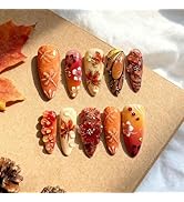 30Pcs Fall Press on Nails Medium Almond Fake Nails Gilding Red Maple Leaf False Nails with 3D Flo...