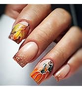 24Pcs Thanksgiving Press ons Fingernails Maple Leaf Press on Nails Glossy Brown Glitter Short Squ...