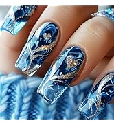 Gold Curve Line Press on Nails Sea Medium Square Fake Nails 24Pcs Glossy Blue Gradient Stick on N...