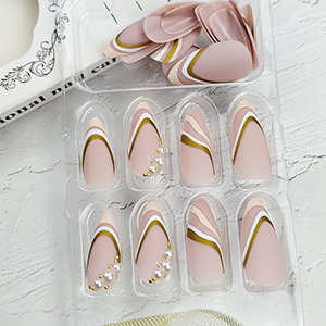 Medium french pink white edge pearl stud press on nail set 