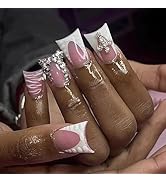 24 Pcs French Tip Press on Nails Duck Medium Fake Nails with Glue Duck Nail Tips Glitter Rhinesto...