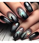 24Pcs Black Ombre Press on Nails Halloween Fake Nails with Withered Tree Ghost Design Long Coffin...