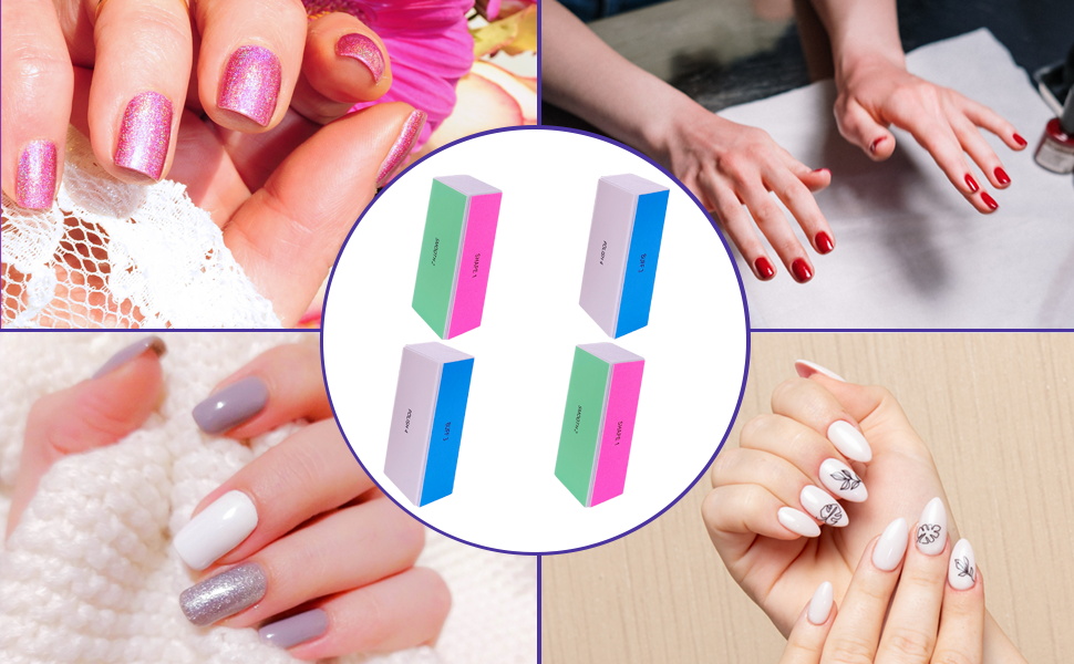 Pink side files and shapes, green side smoothens, blue side buffs, white side polishes