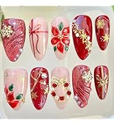 30Pcs Snowflake Press on Nails Medium Almond Christmas Fake Nails 3D Flower Gift Knot with Gold S...