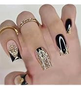24Pcs Black Gold Glitter French Tip Press on Nails Medium Fake Nails Glossy Glitter Gold False Na...