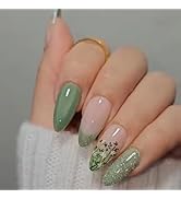 24 Pcs Green Press on Nails Short Almond - SHANRUN Spring Fake Nails Press ons Nail Art Glue on N...