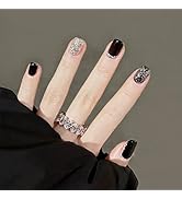 Apictseoo 24 Pcs Press on Nails Short, Glossy Black Glittering Silver French Tips Square Fake Nai...