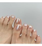 Nude Press on Toenails Short Square Fake Toe Nails Full Cover Chrome Press ons with Design Summer...