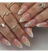 White French Tips Press on Nails 24Pcs Gold Bow Press ons Fingernails Curve Line Gel Glue on Acry...