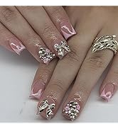 Short Press on Nails Square Fake Nails with 3D Bow Flower Rhinestones Designs Pink French Tip Nai...