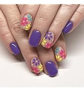 Short Press on Nails Square Fake Nails Purple False Nails with Colorful Flower Design Glue on Nai...