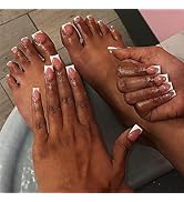 48PCS White French Tips Press on Finger Toe Medium Short Square Fake Nails - Glossy Full Cover Gl...