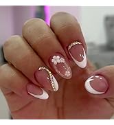Almond Press on Nails Medium Fake Nails with Designs White French Tip Acrylic Nails Rhinestone Fl...