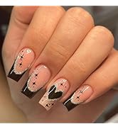 Black French Tip Press on Nails Medium Coffin Fake Nails with Black Heart Star Design Glue on Nai...