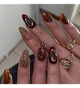 24Pcs Brown Almond Press on Nails Short Medium Fake Nails with Glue Natural Fit False Nails with ...