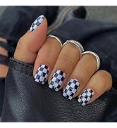 Short Press on Nails Square Fake Nails Black and White Checkerboard False Nails with Designs Glos...