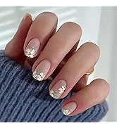 Short Press on Nails Square Fake Nails with Flower Leaf Design Glue on Nails Summer False Nails G...