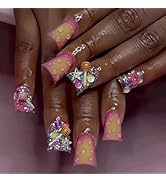 Duck Press on Nails Medium Fake Nails with Candy Star Rhinestones Charms Designs Gradient Nails P...