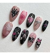 24Pcs Cute Cat Nails Halloween Press on Nails Medium Almond Fake Nails with Gothic Bat Heart Bow ...