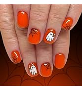 Halloween Press on Nails Short Square Fake Nails with Design Cute Ghost Acrylic Nails Full Cover ...
