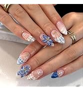 Short Press On Nails Almond, 24PCS Blue and White Floral Acrylic Fake Nails with Glue Kit, Glossy...
