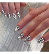 White Sliver Chrome Press on Nails Medium Almond Nails Press ons Metallic Nails Glue on, Acrylic ...