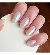White Chrome Press on Nails Short Almond Fake Nails Aurora False Nails with Design Solid Mirror P...