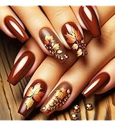 3D Maple Leaf Press on Nails Autumn Rhinestones Stick on Nail 24Pcs Glossy Brown Medium Square Fa...