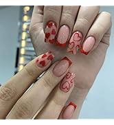 Red French Press on Nails Medium Valentines Fake Nails Square Nude Translucent Acrylic Nails Glos...