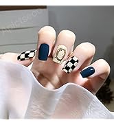 Apictseoo 24 Pcs Press on Nails Short False Nails Blue Plaid French Designs Coffin Fake Nails wit...
