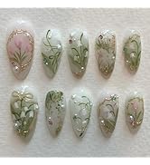 Flower Press on Nails Medium Almond Fake Nails 3D Pearl Rhinestone Acrylic Nails Spring Floral Gl...