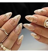 Short Press on Nails Almond Fake Nails 3D Gold Star Rhinestones Acrylic Nails Short Glue on Nails...
