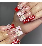 Red & Pink Valentines Press on Nails Long Fake Nails Square Acrylic Nails French Full Cover Artif...