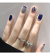 Apictseoo 24 Pcs Press on Nails Short False Nails Blue diamond plaid French Designs Coffin Fake N...