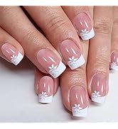YOSOMK French Tip Press on Nails Short Stick on Acrylic Nails Square Fake Nails with Flower Desig...