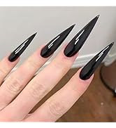 24 Pcs Black Press on Nails Long Stiletto Solid Color Fake Nails Sharp Pointed Reusable Glossy Ac...