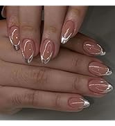 Short Press on Nails Almond Glue on Nails Silver French Fake Nails Nude Full Cover Acrylic Nails ...